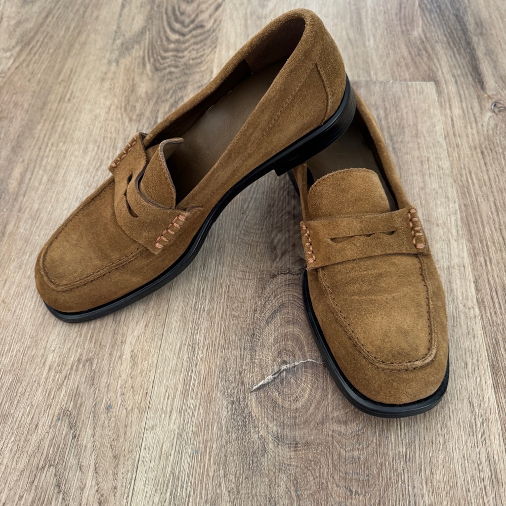 Zara Women’s Sz 40 Flat Leather Suede Loafers Brown Camel Cognac Honey